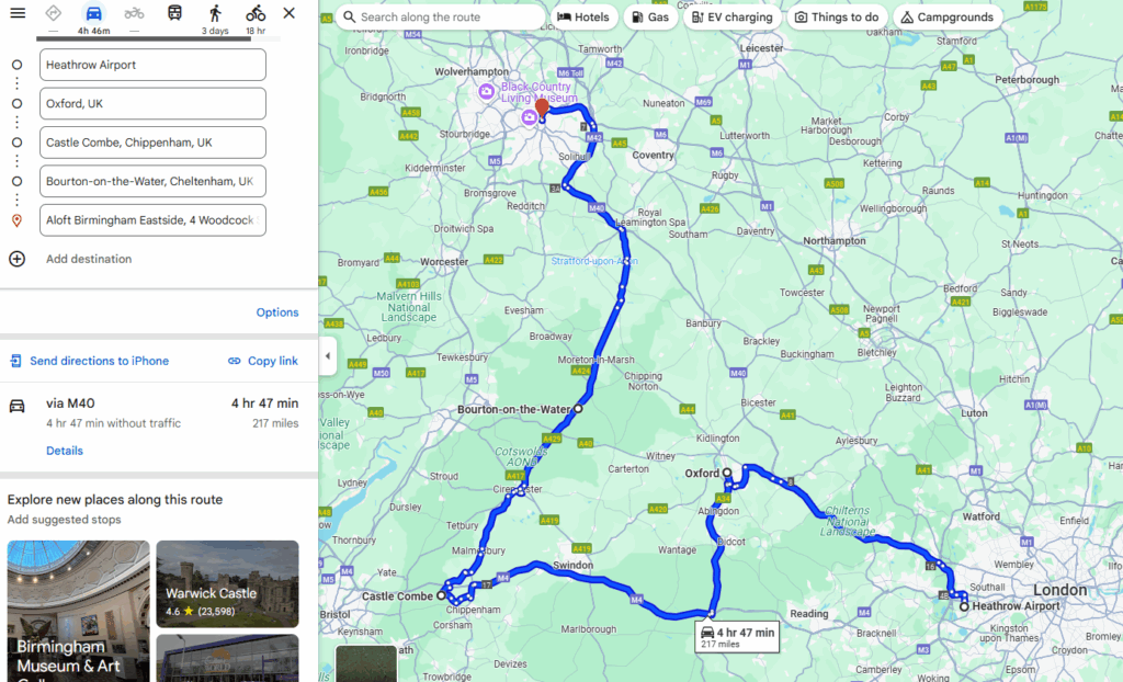 英國自駕遊 Day 1 Oxford + Cotswold 行車路線